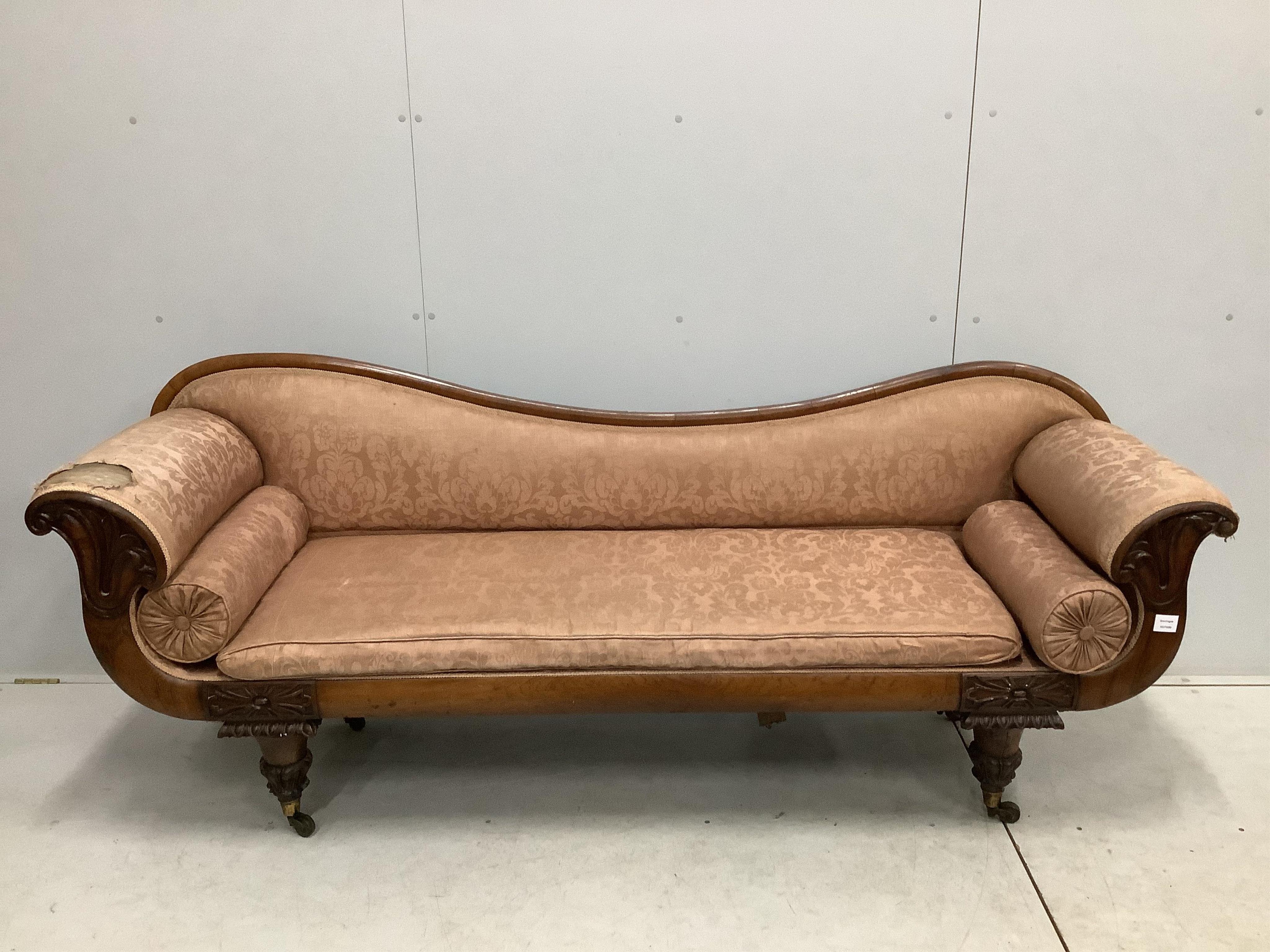 A Regency rosewood scroll arm settee, width 200cm, depth 62cm, height 80cm. Condition - poor to fair, will require full re-upholstery